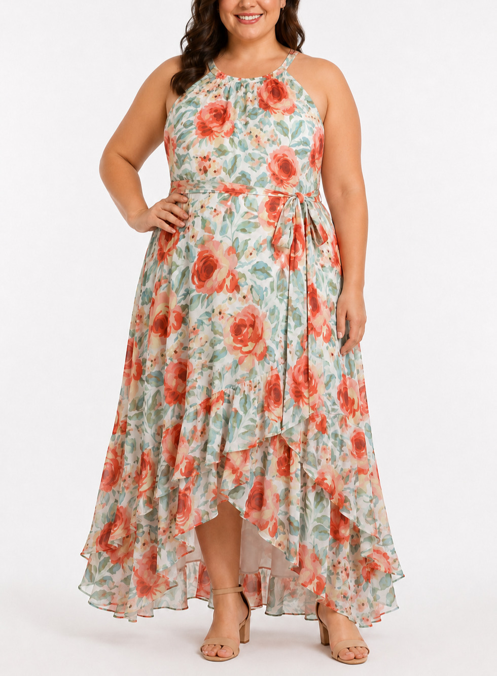 Midnight Velvet Womens 16W Floral Halter hight Low Maxi Dress Belted Plus
